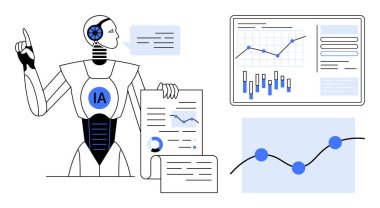 Çeşitli grafik ve istatistiklerle çevrili belgeleri tutarken veri tablosuna işaret eden yapay zeka robotu. Teknoloji için ideal, yapay zeka, veri analizi, iş sunumları, yenilik