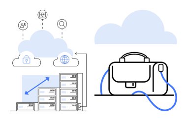 Sunuculara, güvenliğe, kullanıcılara, istatistiklere bağlı bulut simgeleri yükseliyor. Mavi elementler, evrak çantası. IT, teknik raporlar, güvenlik, uzaktan çalışma, iş stratejisi, bulut hizmetleri için ideal