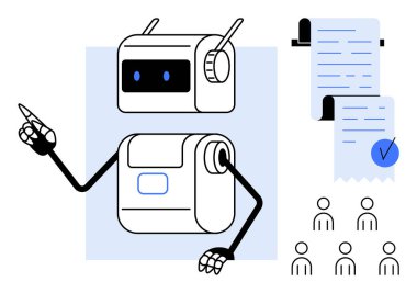 Tek kollu bir robot, bir grup insanın yanında kontrol listesi olan bir belgeyi işaret ediyor. Teknoloji otomasyon eğitimi sunumları, veri işleme ve gelecekçi kavramlar için idealdir. Minimalist