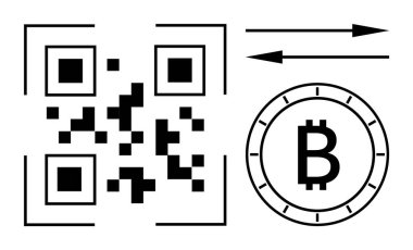 Bitcoin sembolünün yanında veri transferini gösteren oklarla QR kodu. Kripto para işlemleri için ideal, engelleme zinciri teknolojisi, dijital ödemeler, fintech, çevrimiçi güvenlik, finansal teknoloji