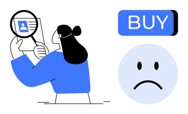 Büyüteçle profil analizi yapan bir kadın, mavi satın alma düğmesi, üzgün yüz ifadesi. Temalar için idealler karar verme sürecini hızlandırır, kullanıcı değerlendirmeleri, e-ticaret, müşteri geribildirimleri, çevrimiçi alışveriş