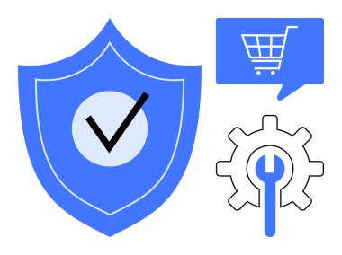 Siyah işaretli kalkan, alışveriş arabası içeren konuşma balonu ve anahtar ikonlu teçhizat. Siber güvenlik, e-ticaret, teknik destek, çevrimiçi alışveriş, yazılım hizmetleri için ideal