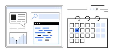Veri analizi ile dijital arayüz, arama simgesi, iletişim ve metin düzenleyicisi işaretli bir takvim ızgarasının yanında. İş, organizasyon, proje planlaması ve verimlilik için ideal