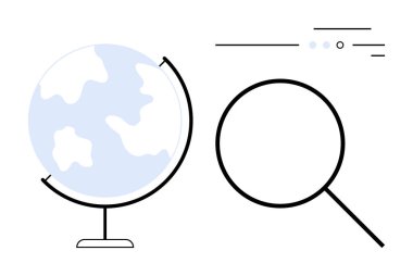 Büyük bir büyüteçin yanında mavi kıtaları olan dünya küresi. Küresel arama, coğrafya çalışmaları, keşif, eğitim, keşif, araştırma ve seyahat için ideal. Satır metaforu