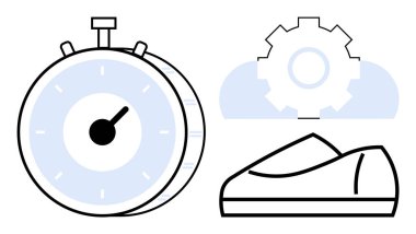 Siyah işaretli kronometre, bulut şeklinde teçhizat ve minimalist koşu ayakkabısı. Zaman yönetimi, fitness uygulamaları, üretkenlik araçları, spor eğitimi, sağlık izleme, hedef izleme için ideal