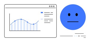 Bilgisayar penceresinde mavi nötr yüz ifadeleriyle birlikte veri noktaları ve efsanelerle dolu bir grafik. Veri görselleştirme, kullanıcı geribildirimi, iş analizleri, müşteri memnuniyeti, performans için ideal