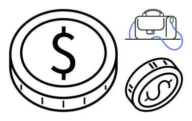 Dolar sembolü olan büyük para, daha küçük bozuk para ve saplı çanta. Finansal planlama, iş yatırımları, kurumsal finans, bankacılık hizmetleri, para yönetimi, ekonomik