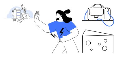 Kadın karnını tutuyor ve süt ve peynir de dahil olmak üzere süt ürünlerine el kaldırıyor. Beslenme kısıtlamaları, laktoz duyarlılığı, sağlık, sağlık, ofis hayatı için ideal