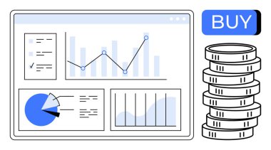 Madeni para yığını ve satın alma düğmesinin yanında bar, çizgi ve turta grafikleri de var. Yatırım, borsa, mali planlama, iş analizi, bütçe, ticaret, veri
