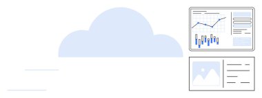 Veri tabloları, grafikler ve bulut hesaplama ve veri depolamayı temsil eden küçük resimlerle çevrili merkezi bulut simgesi. Teknoloji, veri analizi, web geliştirme, bulut altyapısı için ideal