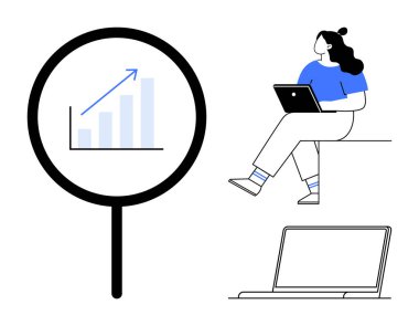 Yukarı doğru çizili büyüteç, dizüstü bilgisayar kullanan kadın, dizüstü bilgisayar görüntüsü. Ticari büyüme, veri analizi, uzaktan çalışma, çevrimiçi öğrenme, teknoloji yaşam tarzı, finansal planlama için ideal