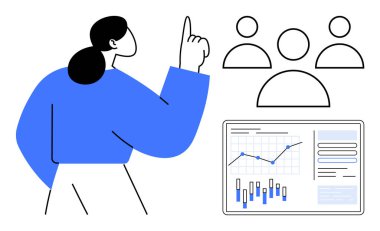 İş kadını, ekrandaki veri analizine işaret ederek takım izleyici simgeleriyle grafikleri ve grafikleri gösteriyor. Sunumlar, takım çalışması, analitik, iş stratejisi, eğitim ve dijital için ideal