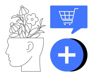 Üzerinde çiçekler büyüyen profil başı, konuşma balonunda mavi alışveriş arabası simgesi ve mavi artı işareti. Ruh sağlığı, yaratıcılık, e-ticaret, sağlık, büyüme, çevrimiçi alışveriş için ideal