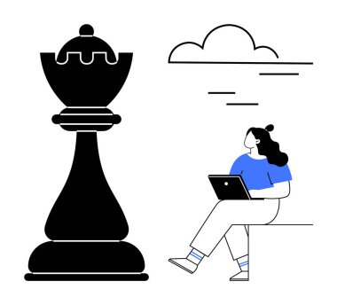 Üzerinde bulut olan büyük bir satranç taşının yanında oturan kadın. Strateji, düşünme, planlama, karar verme, çevrimiçi öğrenme, iş çözümleri, uzaktan çalışma için ideal. Satır metaforu