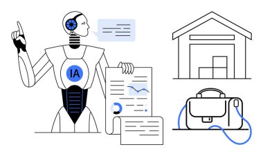 Yapay zeka robotu verileri ve grafikleri analiz ediyor. Ek elementler olarak depo binası ve evrak çantası. Yapay zeka, teknoloji, veri analizi, iş otomasyonu, lojistik, depolama için ideal