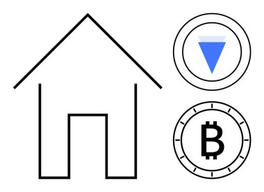 Bitcoin 'in yanındaki ev ve başka bir kripto para birimi sembolü. Gayrimenkul yatırımı, kripto para birimi, finans, modern ekonomi, dijital varlıklar, blok zinciri, gelecekteki piyasalar için ideal. Satır metaforu