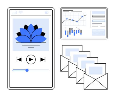 Medya oynatıcı uygulamasını gösteren akıllı telefon, grafikli analitik panel ve harfli dört zarf. Dijital pazarlama, iletişim, medya, iş analizleri, teknoloji, üretkenlik için ideal