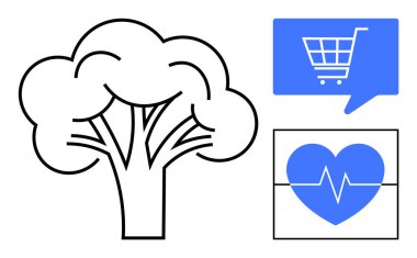 Taslak ağaç, konuşma baloncuğunun içindeki mavi alışveriş arabası ve kalp atışı olan mavi kalp. Çevre, sağlık, çevrimiçi alışveriş, sürdürülebilirlik, refah, ticaret, tıbbi kavramlar için idealdir. Çizgi