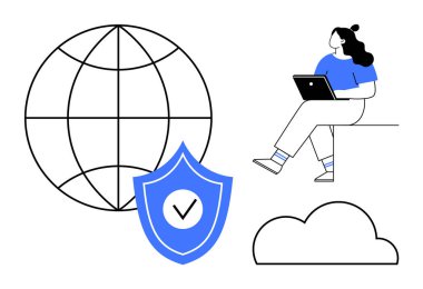Küre yanında dizüstü bilgisayar kullanan bir kadın, işaretli bir kalkan ve bir bulut. İnternet güvenliği, küresel bağlantı, bulut teknolojisi, uzaktan çalışma, siber güvenlik, dijital gizlilik için ideal