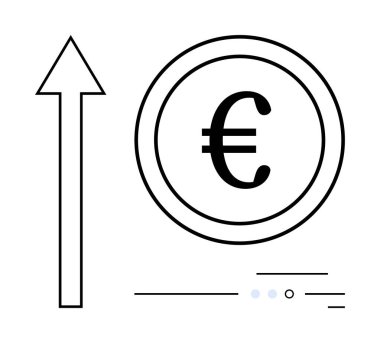 Yukarıyı gösteren ok, bir dairenin içindeki avro sembolünü işaret ediyor. Ticari büyüme, finans, yatırım, ekonomi, zenginlik yönetimi, Avrupa pazarları ve başarı temsilcileri için ideal. Satır metaforu