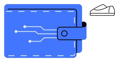 Çevre benzeri dijital finansmanı gösteren mavi cüzdan, e-ticaret, fintech, online alışveriş, güvenlik, yenilik, alışveriş uygulamaları ve dijital için ideal ayakkabı sembolü ile birlikte.