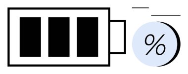 Yüzdelik simgesinin yanında üç siyah çubukla dolu pil sembolü. Enerji, elektronik, pil ömrü, verimlilik, teknoloji, güç yönetimi, sürdürülebilirlik için ideal. Satır metaforu