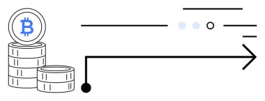 Bitcoin paraları istiflenmiş, büyümeyi ve gelecek umutları sembolize eden bir okla kripto para biriminin değerini tasvir eder. Finansal projeksiyonlar, yatırım stratejileri, teknolojik yenilik, dijital