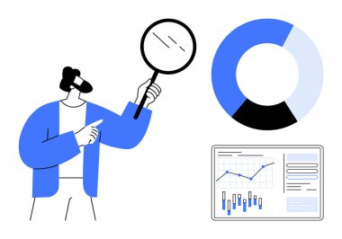 Businessperson bir büyüteç tutuyor, bir pasta grafiği ve grafik ve veri gösteren bir ekran inceliyor. İş analizi, veri araştırması, piyasa araştırması, finansal inceleme ve stratejik değerlendirme için ideal