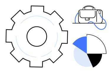 Siyah dişli, mavi çizgili çanta ve iş verimliliğini, iş akışı yönetimini ve verimliliği temsil eden mavi gri pasta grafiği. İş sunumları ve iş akışı optimizasyonu için ideal