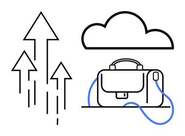 Yukarı doğru çıkan dört ok bulut ve evrak çantasının yanında büyümeyi ve ilerlemeyi simgeliyor, bulut depolama ve iş çözümlerini temsil ediyor. Teknoloji, iş büyümesi, bulut depolama, dijital için ideal