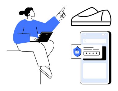 Dizüstü bilgisayarı üzerinde çalışan bir kadın yüzen bir ayakkabıyı ve güvenlik kilidi simgesini gösteren bir akıllı telefon ekranını işaret ediyor. Teknoloji, e-ticaret, güvenlik, sosyal medya, mobil uygulamalar için ideal