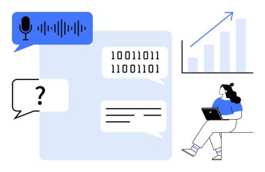 İkili kod, konuşma baloncukları, mikrofon ikonu, sohbet kutusu, yukarı doğru oklu bar tablosu, dizüstü bilgisayarlı oturan kadın. Teknoloji, eğitim, iş, iletişim, yazılım geliştirme, veri için ideal