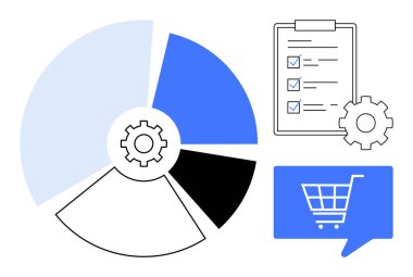 Turta grafiği, dişli simgesi olan dört kısma bölünmüş durumda, panoda dişli simgesi olan kontrol listesi, mavi konuşma balonunda alışveriş arabası simgesi. İş analizi, proje yönetimi ve e-ticaret için ideal