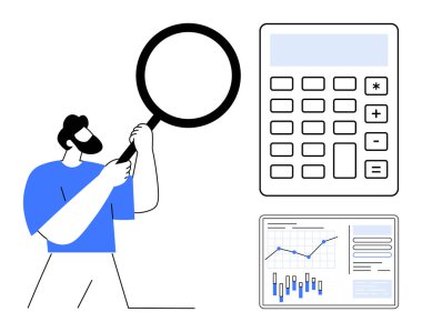 Mavi gömlekli adam büyük hesap makinesinin yanında büyüteç tutuyor ve üzerinde grafikler olan analitik gösterge paneli. Finansal analiz, iş stratejisi, muhasebe, piyasa araştırması, veri bilimi için ideal