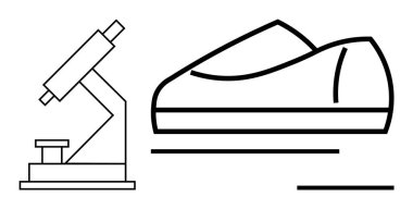 Microscope beside an athletic shoe in minimalist black line art. Ideal for science education, sports technology, research, healthcare, innovation, educational materials, and design aesthetics. Line clipart