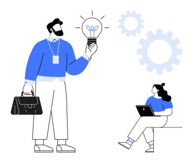 Ampul tutan adam dizüstü bilgisayarda çalışan kadının yanında duruyor, arka planda dişliler. Yenilik için ideal, takım çalışması, beyin fırtınası, teknoloji, üretkenlik, iş stratejisi, yaratıcı