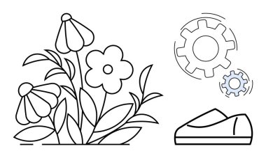 Yaprakları, dişlileri ve ayakkabısı olan soyut çiçeklerin siyah ana hatları. Çevre teknolojisi, sürdürülebilirlik, yenilik, eko-moda, melez sanat, doğa ve teknoloji dengesi, modern tasarım için ideal.