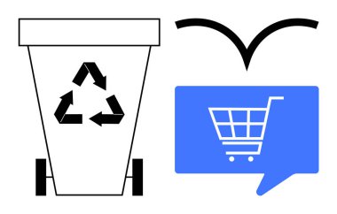 Konuşma balonunda mavi alışveriş arabasının yanında geri dönüşüm sembolü olan geri dönüşüm kutusu. Yuvarlak ekonomiyi gösteren siyah oklar. Sürdürülebilirlik, çevre dostu alışveriş ve tüketici için ideal