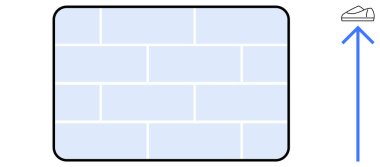 Açık mavi tuğlalı dikdörtgen tuğla duvar. Mavi ok ayakkabı ikonuna doğru gidiyor. Motivasyon, hedef belirleme, ilerleme, büyüme, başarı, engelleri aşma, kariyer için ideal. Çizgi