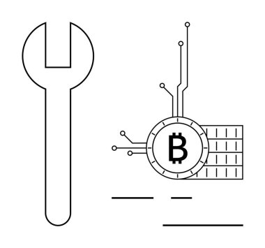 Large wrench next to a digital blockchain symbol with Bitcoin logo in the center. Various technical lines indicate digital connections. Ideal for fintech, blockchain development, cryptocurrency