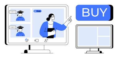 Bilgisayar ekranında öğretmen ve öğrencilerle sanal sınıf oturumu, Buy düğmesine bitişik. Çevrimiçi öğrenme, e-ticaret, webinarlar, dijital pazarlama, sanal toplantılar, uzaktan kumanda