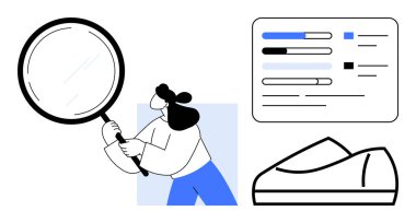 Büyüteç tutan karakter, veri grafiğini parmaklıklar ve spor ayakkabılarla inceliyor. Araştırma, analiz, veri görselleştirme, piyasa çalışması, ürün değerlendirmesi, akademik çalışma, tüketici için ideal