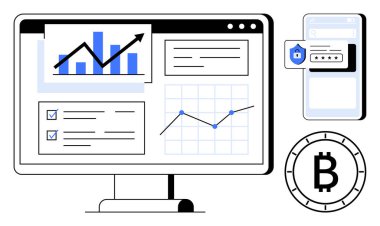 Mobil uygulama güvenli giriş gösterirken, bilgisayar ekranı grafikleri, çizelgeleri ve kontrol listesini gösterir. Finans, kripto para birimi, güvenlik, teknoloji, veri analizi, mobil uygulamalar ve dijital ekonomi için ideal