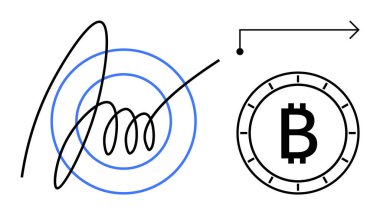 Şekillendirilmiş imza, ok ile Bitcoin sembolüne doğru eşmerkezli daireler çiziyor. Fintech, kripto para birimi, dijital sözleşmeler, e-imza teknolojisi, modern ekonomi, yatırım stratejileri için ideal