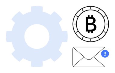 Bitcoin sembolü ve bildirim zarfının yanında büyük vites simgesi. Sunumlar için ideal, finansal teknoloji, kripto para birimi güncellemeleri, dijital iletişim, otomasyon sistemleri, bütünleşme