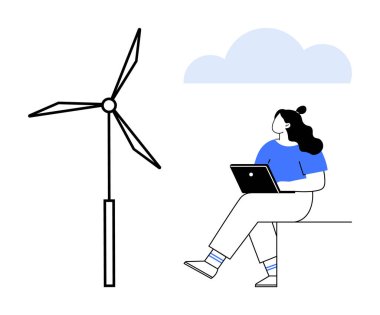 Dizüstü bilgisayarının yanında oturan kadın, mavi bulutlar. Çevresel konular, yenilenebilir enerji, uzak çalışma, teknoloji, sürdürülebilirlik, temiz enerji, eğitim için idealdir. Satır metaforu