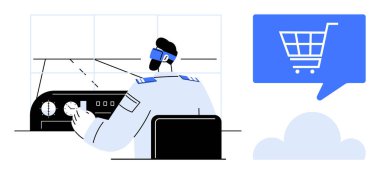 Pilot kokpitte VR kulaklık takıyor. Konuşma balonunda bitişik bir alışveriş arabası ikonu. VR eğitimi, havacılık yeniliği, e-ticaret, teknoloji entegrasyonu, gelecek için ideal