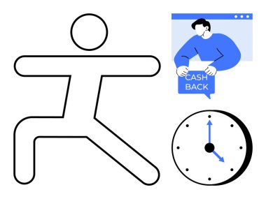 Esneme pozisyonu almış bir insan figürünü gösteren minimalist bir vektör çizimi, zamanı gösteren bir saat ve nakit geri bildirimi alan bir kişi. Zaman yönetimi ve finans için ideal