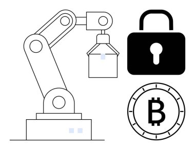 Industrial robot arm engaged in work, padlock symbolizing security, and Bitcoin coin highlighting cryptocurrency. Ideal for technology, crypto, security, industry, automation, digital economy clipart