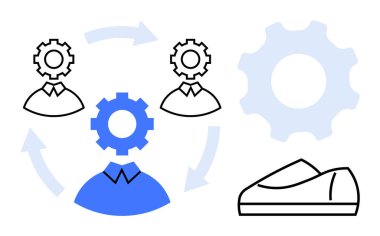 Oklarla birbirine bağlı üç insan figürü, her birinin dişli başlıkları takım çalışmasını ve iş akışını sembolize ediyor. Büyük vites simgesi ve üretkenlik sembolü. İş stratejileri ve takım yönetimi için ideal